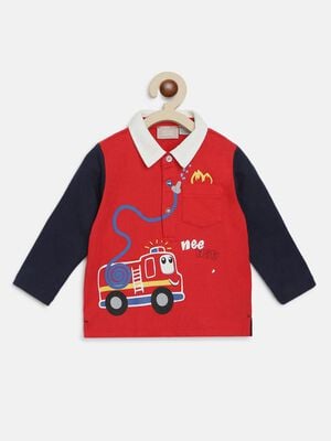 Boys Polo Long Sleeve T-Shirt With Print - Firetruck Graphic